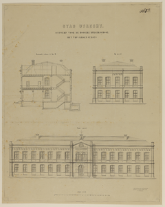 217558 Doorsnede en aanzichten van de zij- en voorgevel van de nieuwe Rijks Hogere Burgerschool (Rijks HBS, Kruisstraat ...